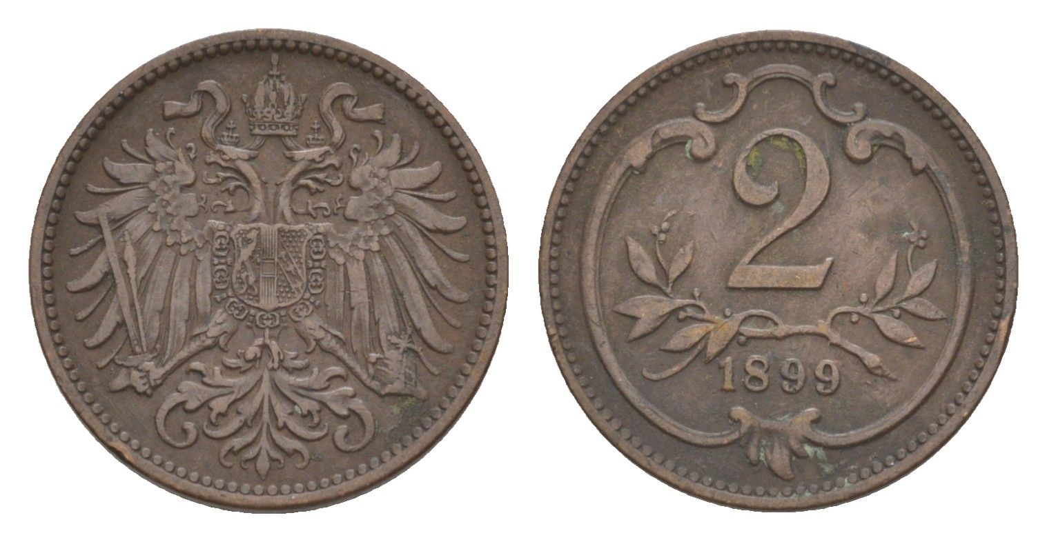 Австрия 2 геллера 1899 Франц Иосиф I (1848-1916) KM 2801 бронза 4639-1014