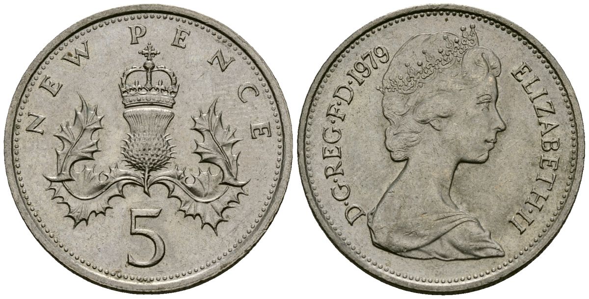 Великобритания 5 пенсов 1979 Елизавета II (1952-2022) KM 911, Spink 4233 (D1) медно-никель 27-512