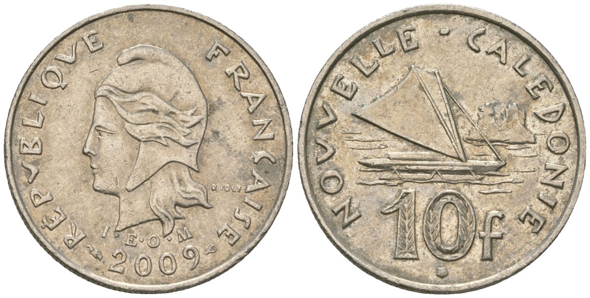 Французская Новая Каледония 10 франков 2009 рыбачья парусная лодка, (IEOM) KM 11a, Schoen 13a, Lec 99k медно-никель 61-953