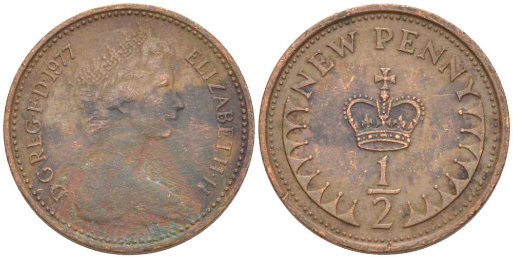 Великобритания 1/2 пенни 1977 Елизавета II (1952-2022) KM 914, Spink 4239 бронза 46-2418