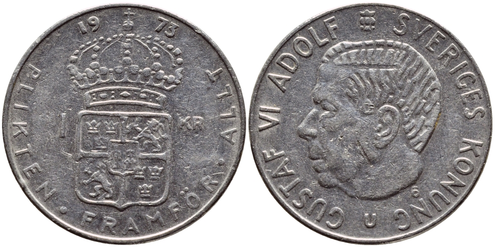 Швеция 1 крона 1973 Густав VI Адольф (1950-1973) KM 826а медь плакированная медно-никелем 4397-332