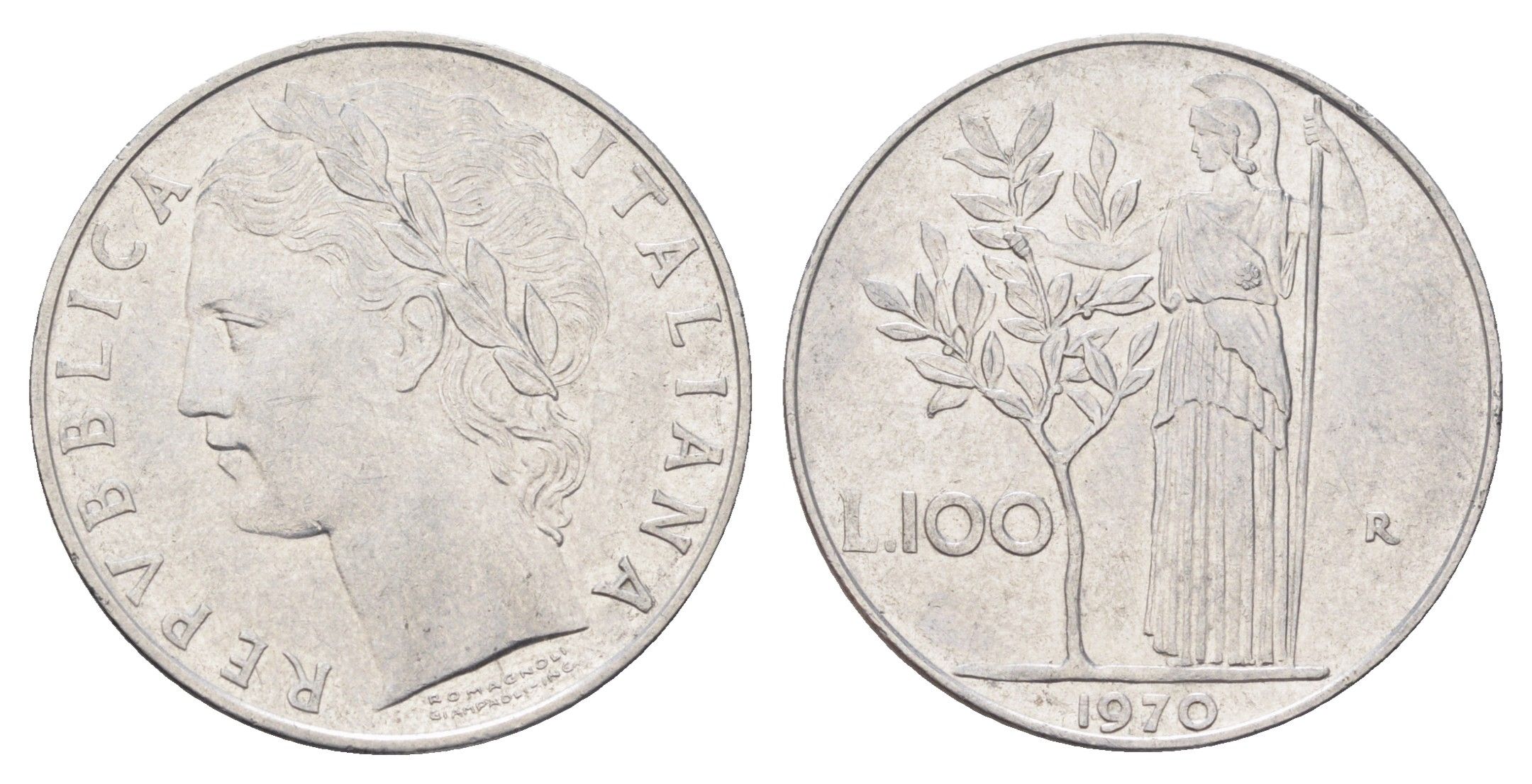 Италия 100 лир 1970 R, Афина в доспехах KM 96.1 нержавеющая сталь 4704-715
