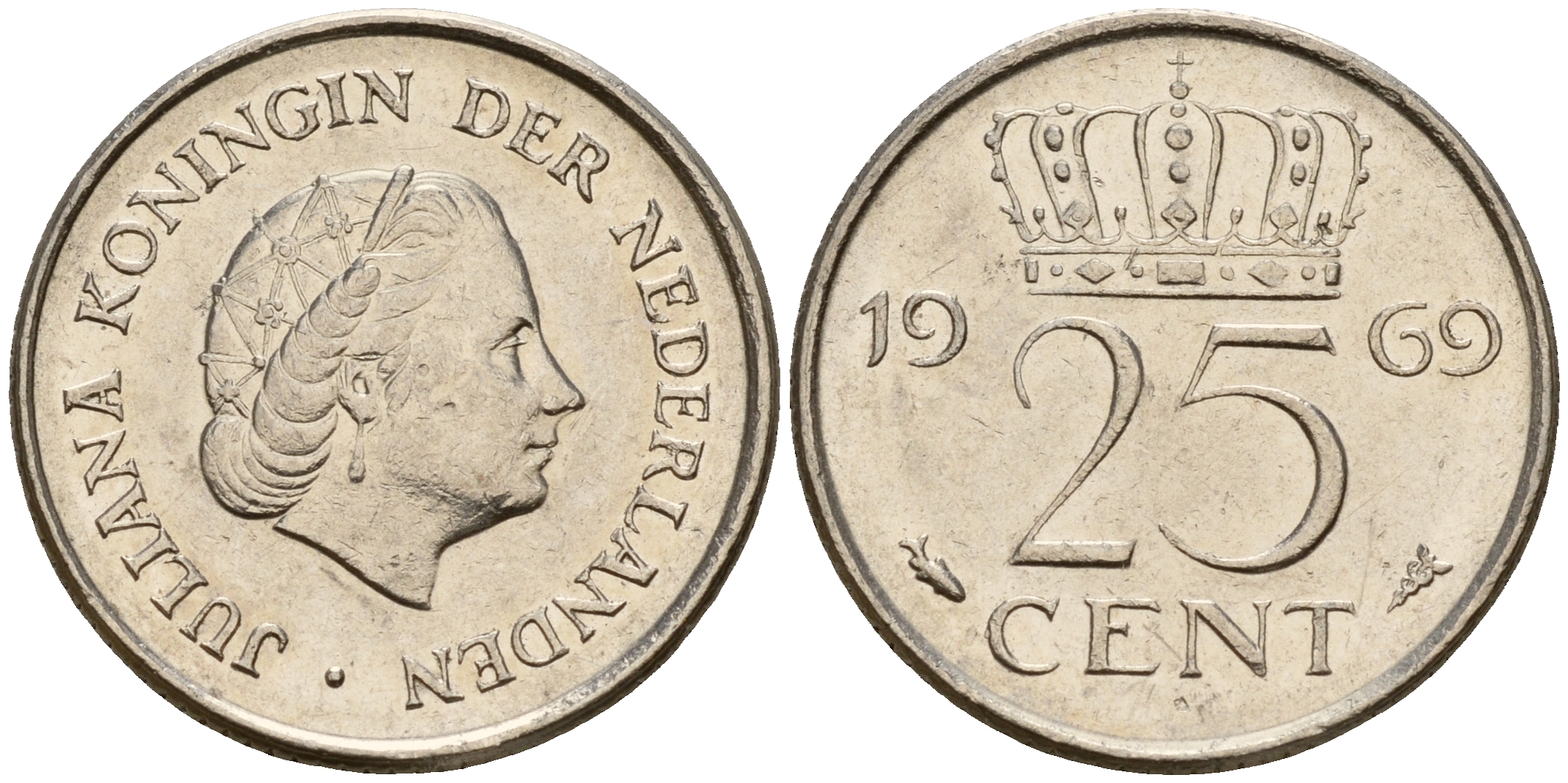 Нидерланды 25 центов 1969 Юлиана (1949-1980) VIS KM 183 никель    4598-434