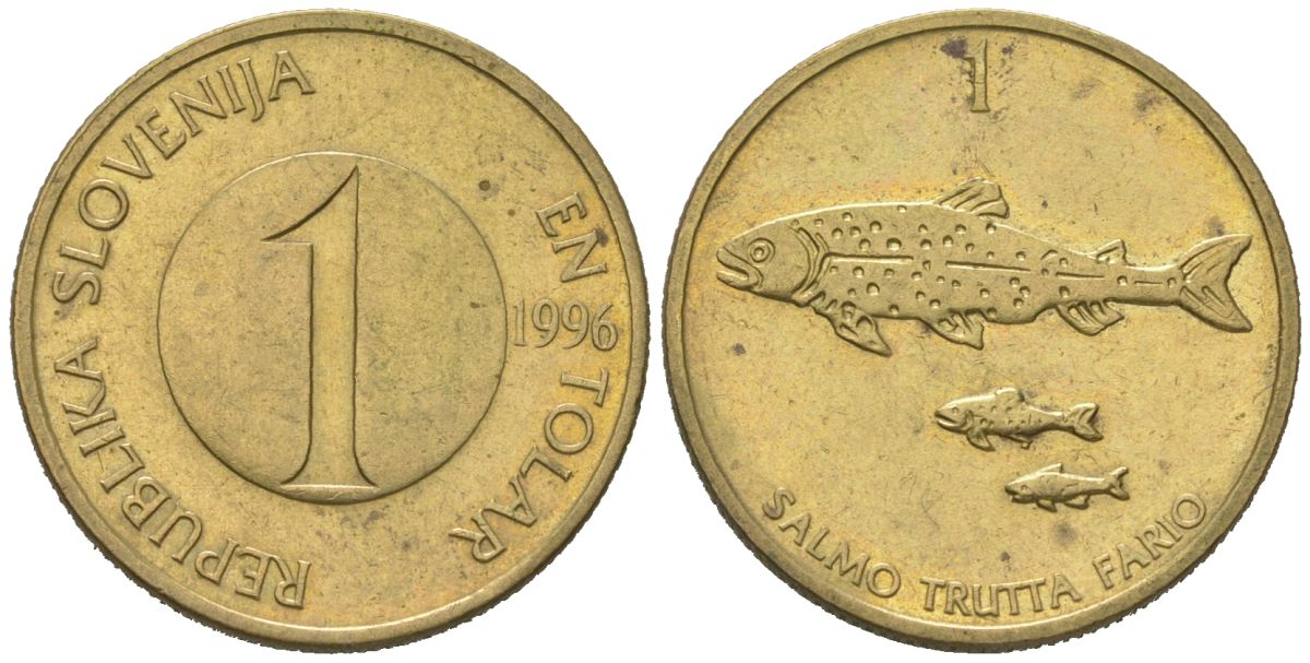 Словения 1 толар 1996 рыбы KM 4 латунь 4571-842