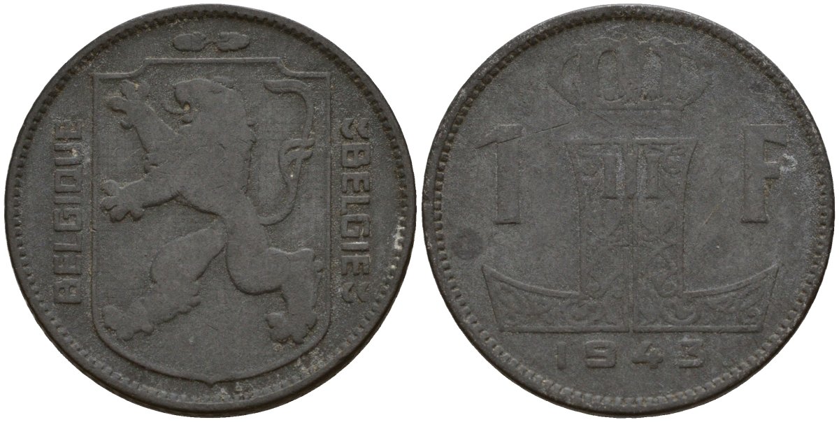 Бельгия 1 франк 1943 Belgique - Belgie, Леопольд III (1934-1947), германская оккупация, Вторая мировая война KM 127 цинк 4161-516