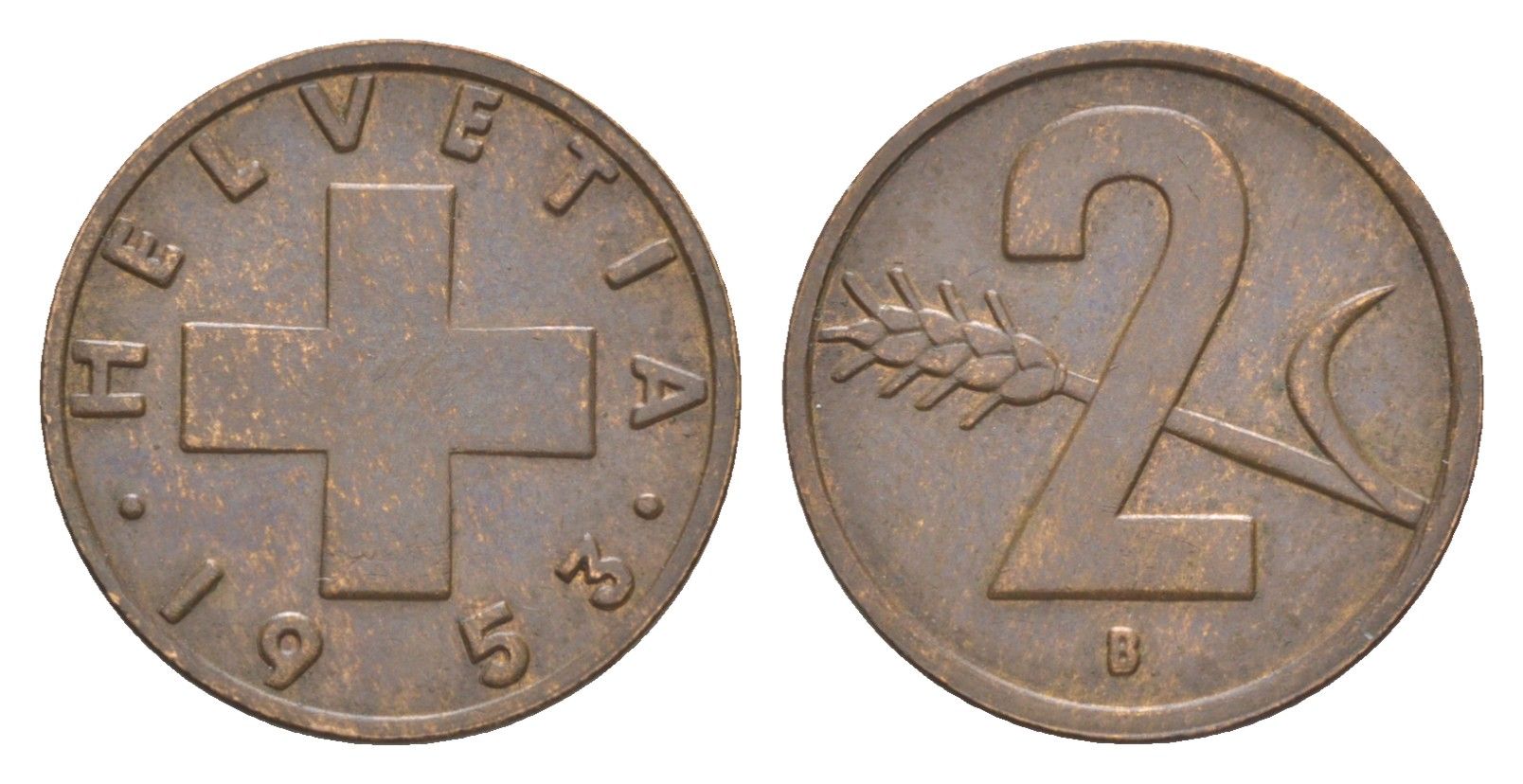 Швейцария 2 раппена 1953 B KM 47 бронза 4630-653