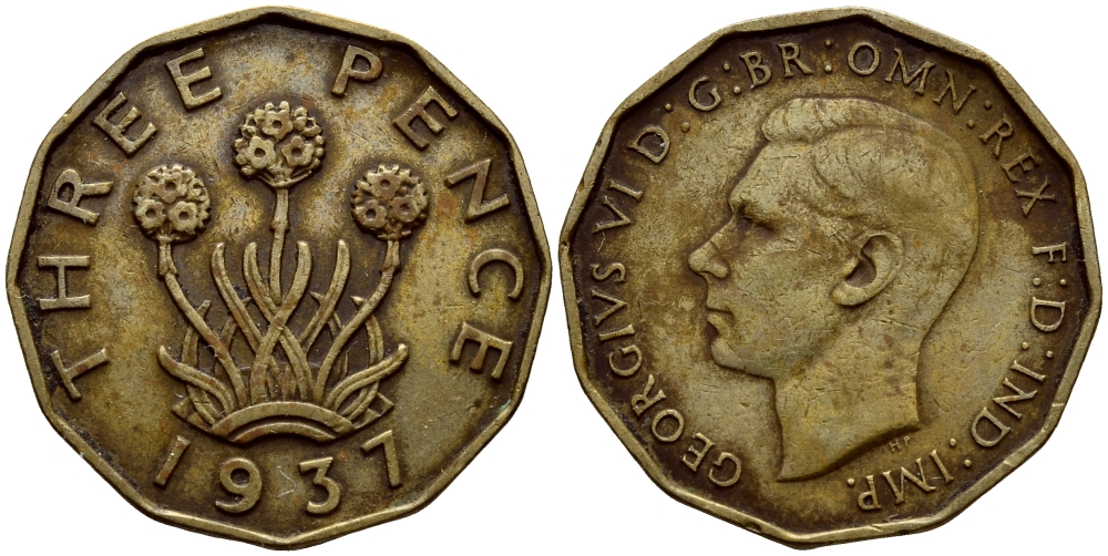Великобритания 3 пенса 1937 Георг VI (1936-1952) KM 849, Spink 4112 никель латунь 36-1015