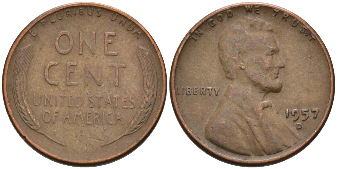 США 1 цент 1957 D, Линкольн KM А132 медь цинк 4564-267
