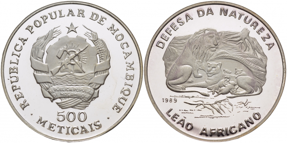 Мозамбик 500 метикалей 1989 серия зашита природы, львы, тираж 2500 экз. KM 110 серебро PROOF 000-000-00
