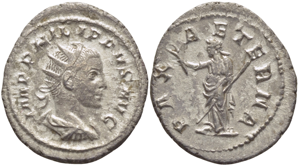 Римская Империя антониниан 247 - 249 Филипп II PAX AETERNA, Пация, персонификация Мира, Рим, Good Very fine RIC 231c серебро 1073-15-25