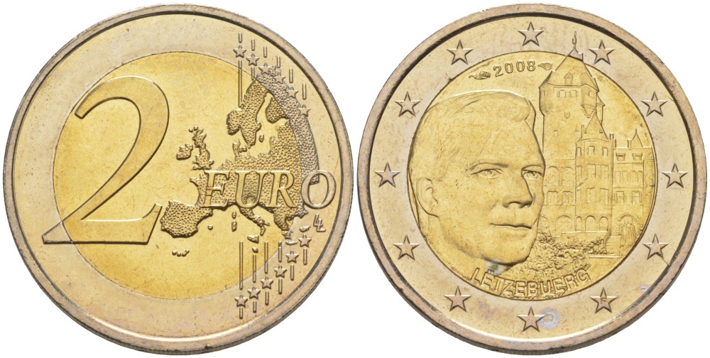 Люксембург 2 евро 2008 замки Люксембурга, замок Берг KM 96 биметалл UNC 00-00