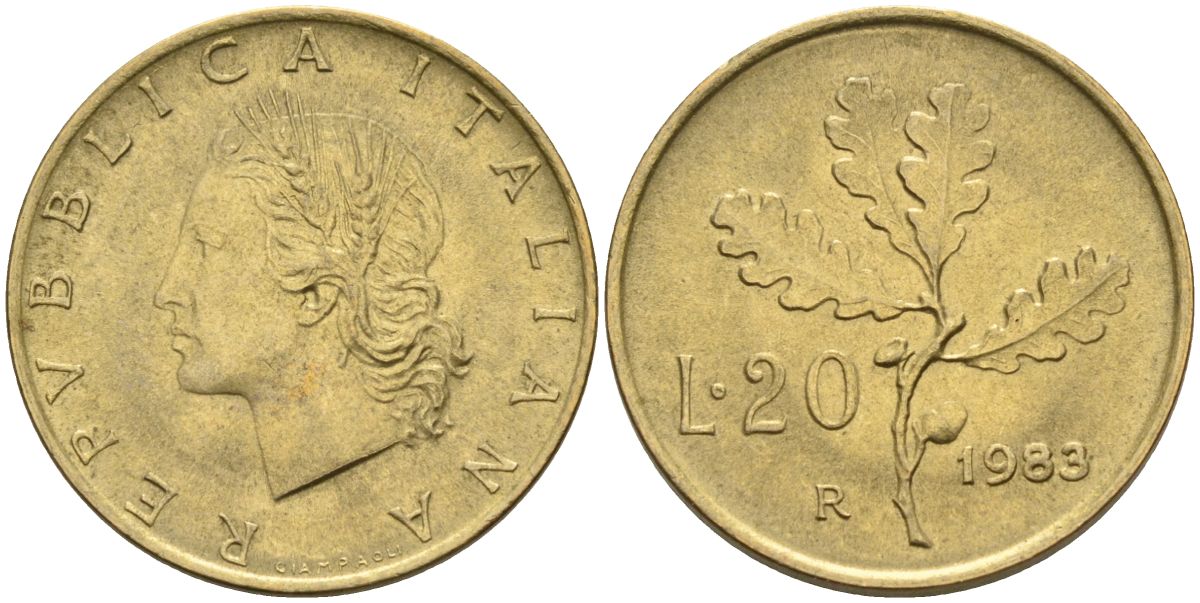 Италия 20 лир 1983 R, дубовая ветвь KM 97.2 алюминиевая бронза 4126-112