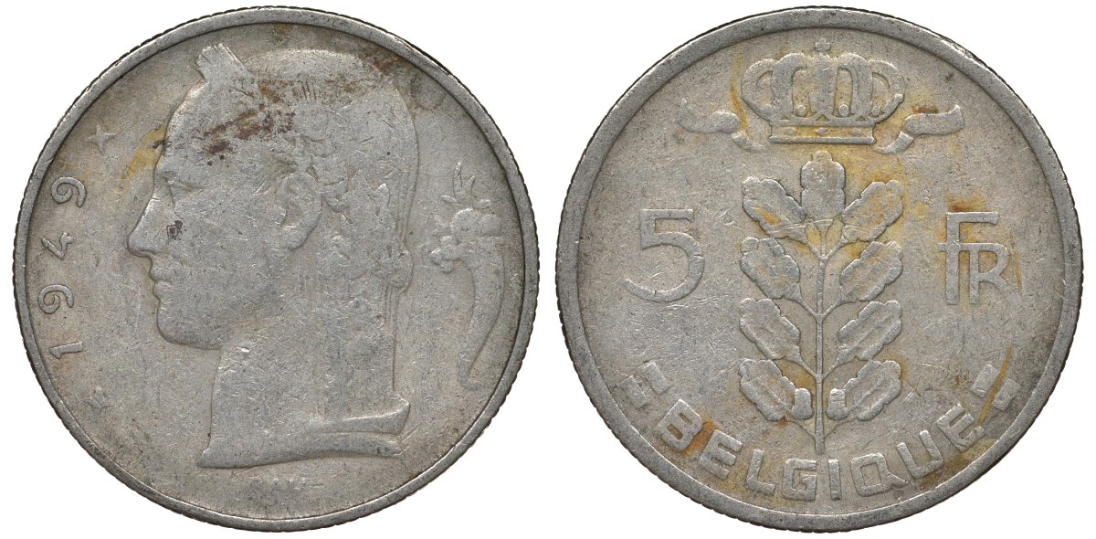 Бельгия 5 франков 1949 Леопольд III (1934-1950), Belgique KM 134.1 медно-никель 4128-926