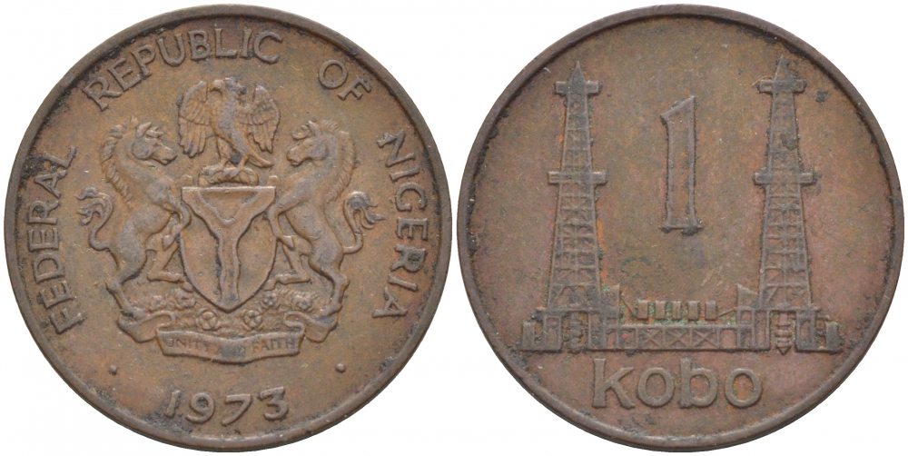 Нигерия 1 кобо 1973 нефтяные вышки KM 8.1 бронза 212-1132