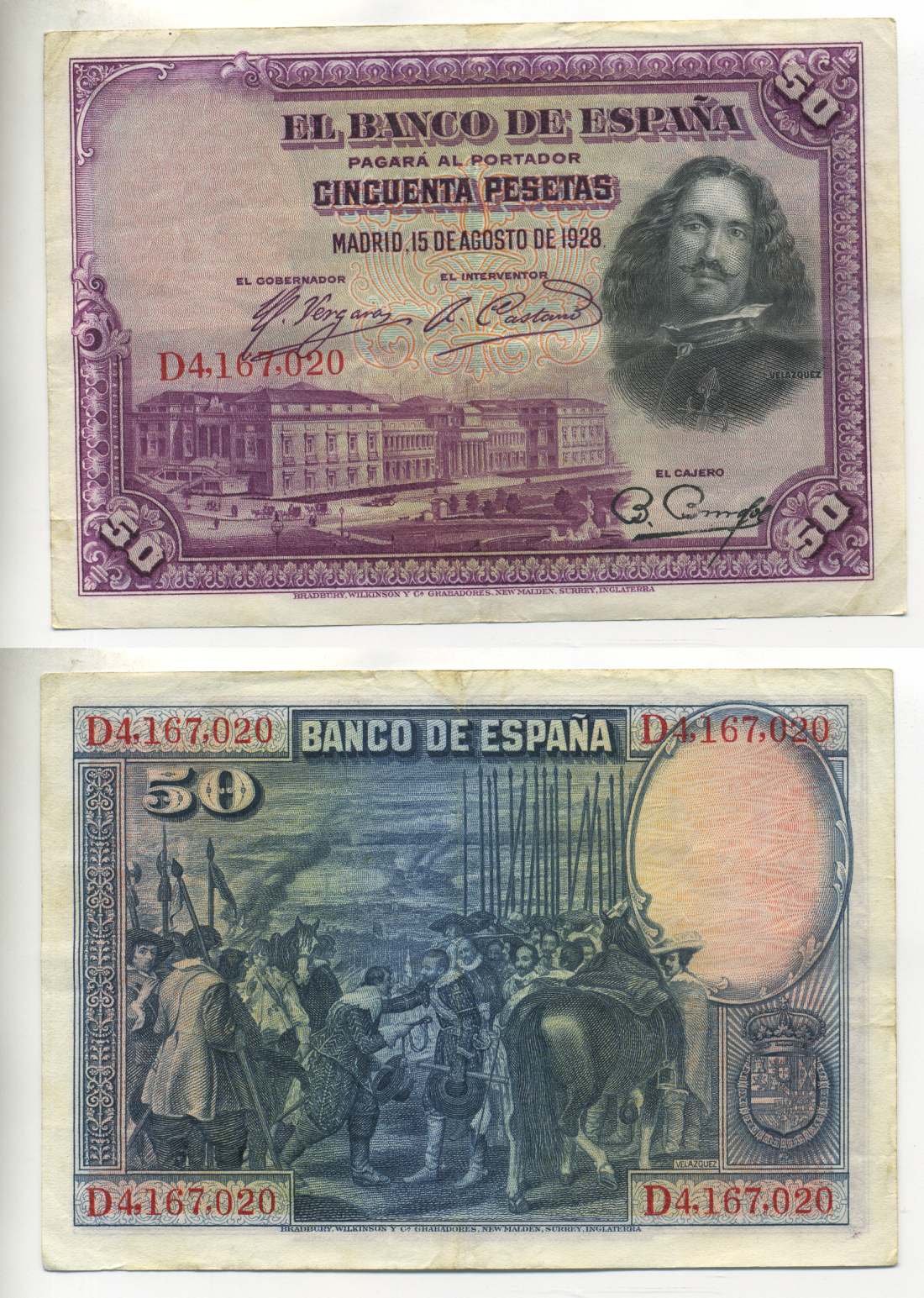 ИСПАНИЯ 50 ПЕСЕТ 1928 D 4167020, МУЗЕЙ ПРАДО В МАДРИДЕ, ДИЕГО ВЕЛАСКЕС Pick 75b бумага 6287-48-1-1