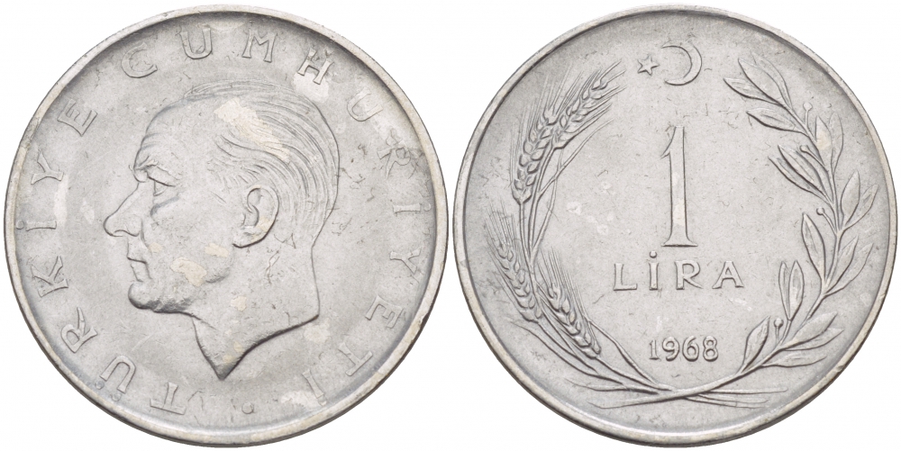 Турция 1 лира 1968 Мустафа Кемаль Ататюрк KM 889а.2 нержавеющая сталь 4548-247