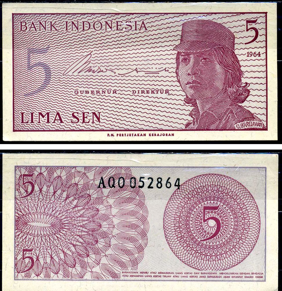 Индонезия 5 сенов 1964 девушка волонтер Pick 91 a  бумага aUNC 3295-22-1-2