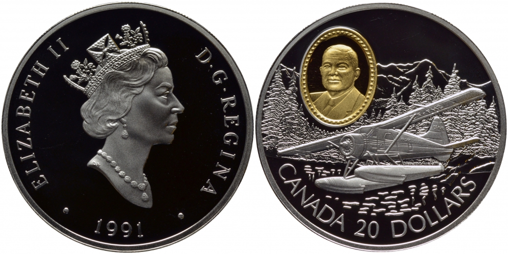 Канада 20 долларов 1991 самолет Де Хэвиленд Бивер, авиатор Филип Кларк Гаррат KM 197 серебро, позолота PROOF 1077-2-12