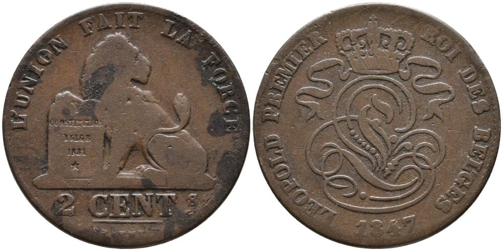 БЕЛЬГИЯ 2 САНТИМА 1847 BELGES KM 4.2 медь 4393-844