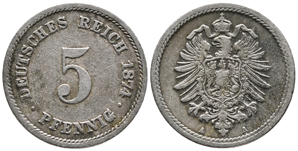 ГЕРМАНИЯ 5 ПФЕННИГОВ 1874 A, СТАРОГЕРБОВКА KM 3, J. 3 медно-никель 39-321