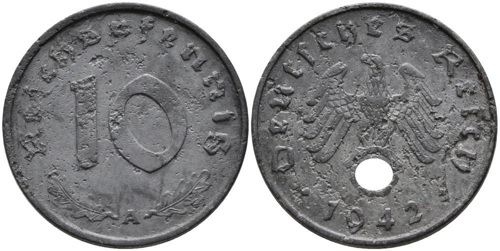 ГЕРМАНИЯ 10 РЕЙХСПФЕННИГОВ 1942 A KM 101, J.371 цинк 95-757