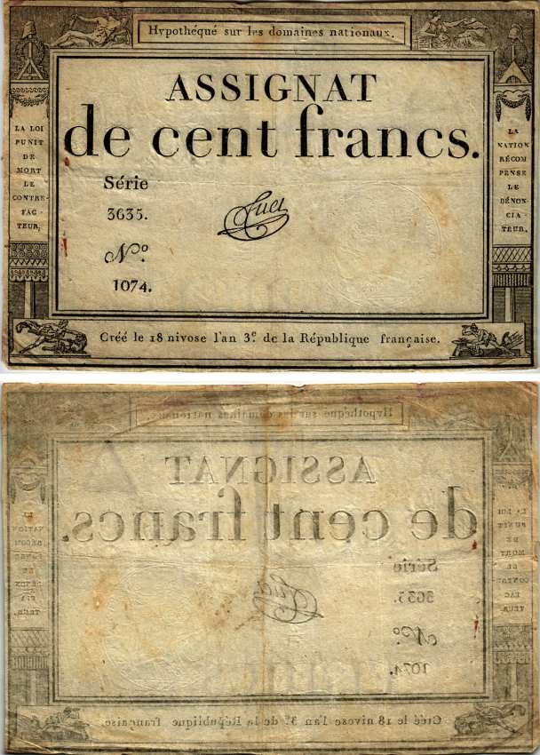 ФРАНЦИЯ 100 ФРАНКОВ 1795 7 ЯНВАРЯ 1795, СЕРИЯ 3635, 18 Nivose An II (7.1.1795) Pick А78 бумага 8607-67-1