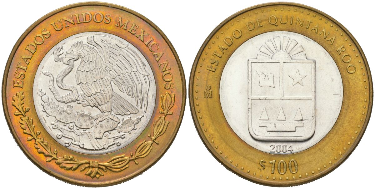 Мексика 100 песо 2004 180 лет Федерации - Кинтана-Роо KM 736 биметалл, серебро BU 00-1067-9-21