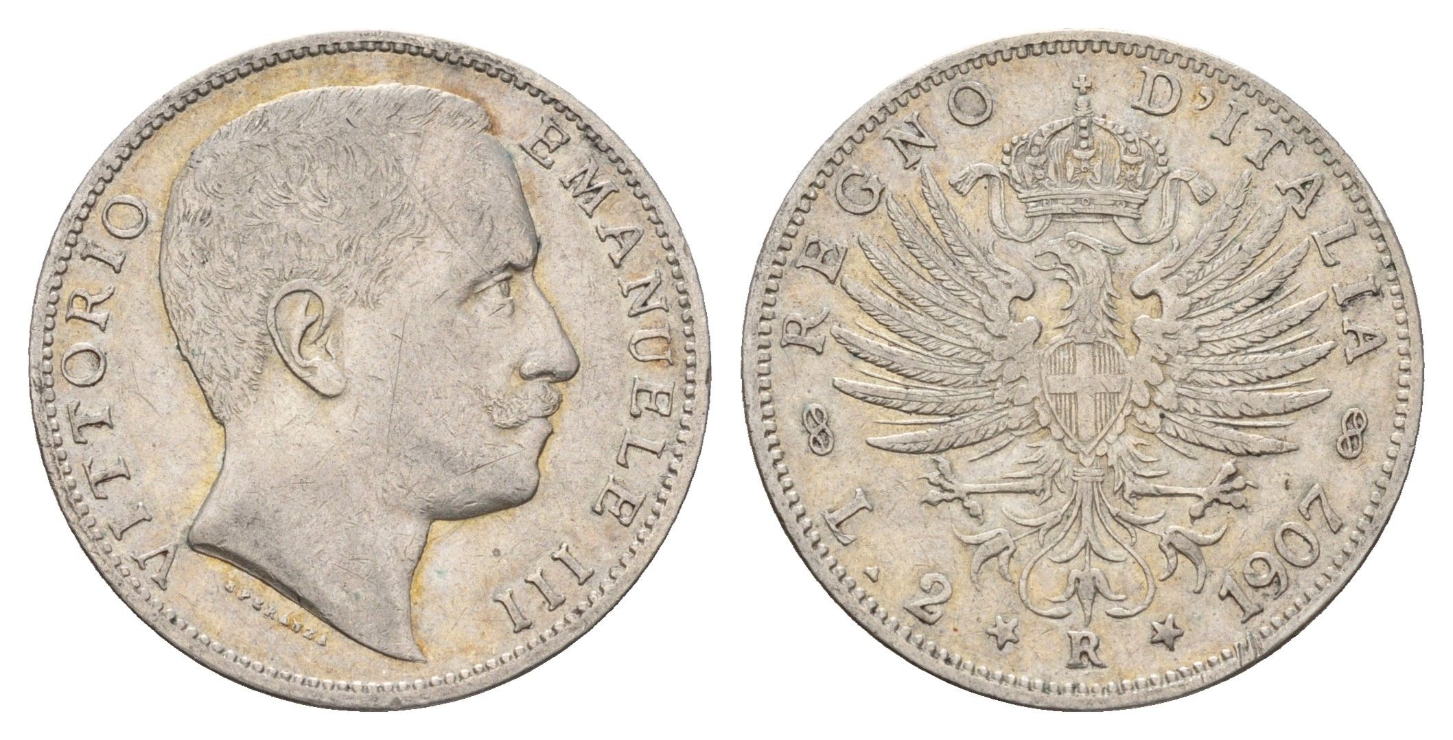 Италия 2 лиры 1907 R, Виктор Эммануил III (1900-1946) KM 33 серебро 413-2222