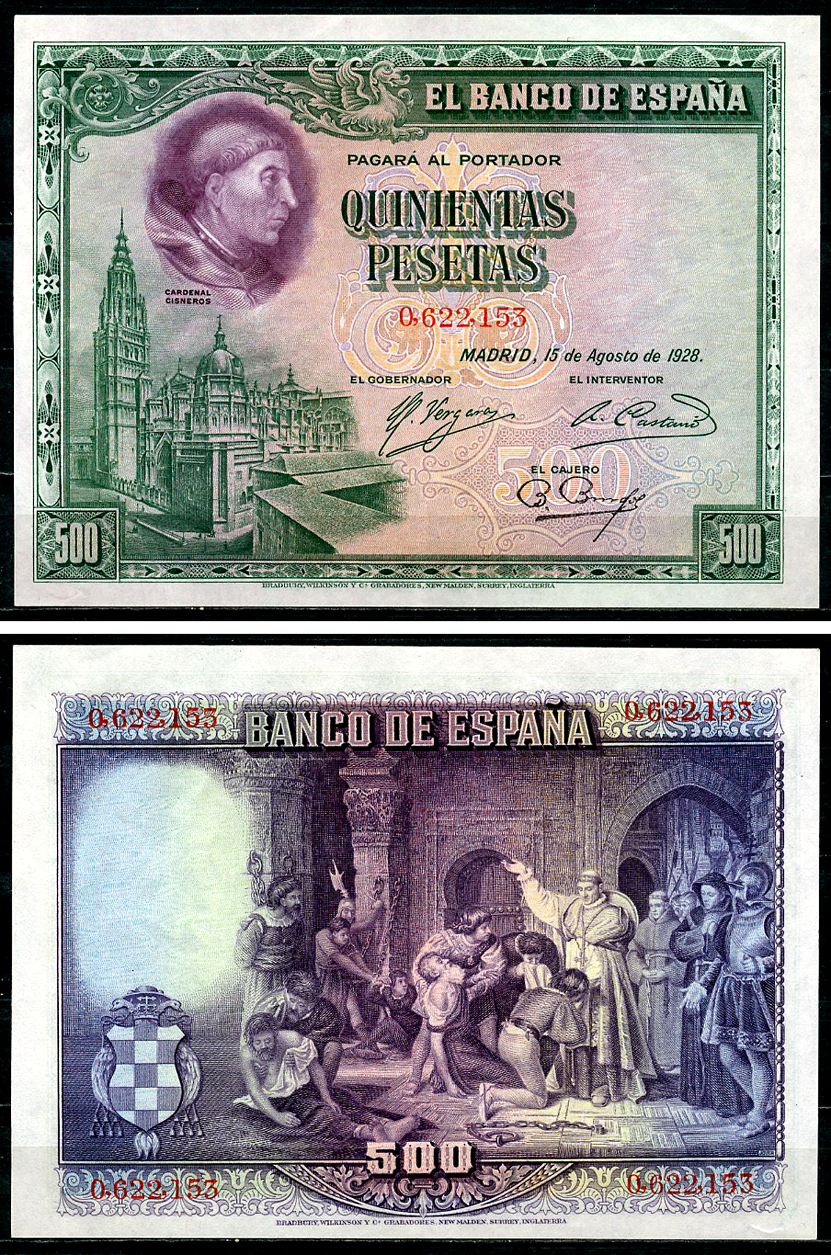 Испания 500 песет 1928 Кардинал Франсиско Хименес де Сиснерос, кафедральный собор Толедо Pick 77 а  бумага   451-1159-1