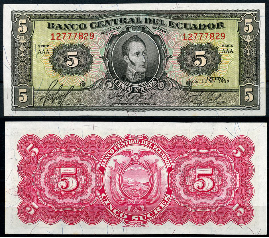 Эквадор 5 сукре 1955 Антонио Хосе Сукре, 19 июля Pick 98 c  бумага  aUNC 451-359-2