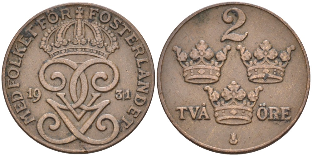 Швеция 2 эре 1931 Густав V (1907-1950) KM 778 бронза 63-1246