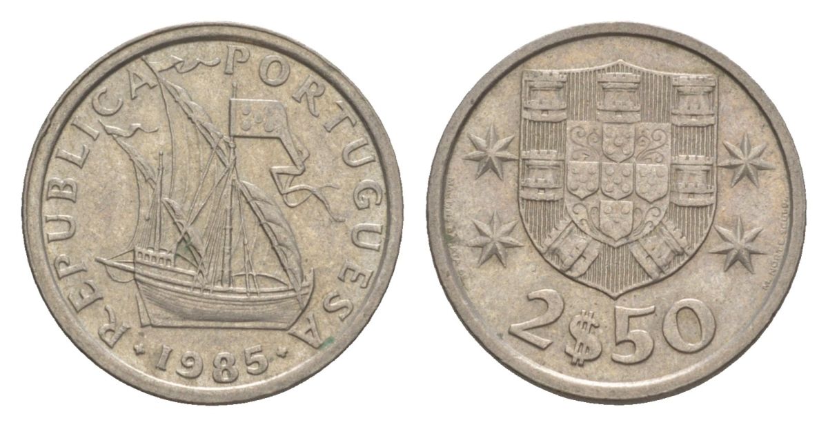 Португалия 2,5 эскудо 1985 парусник KM 590 медно-никель aUNC 4632-327