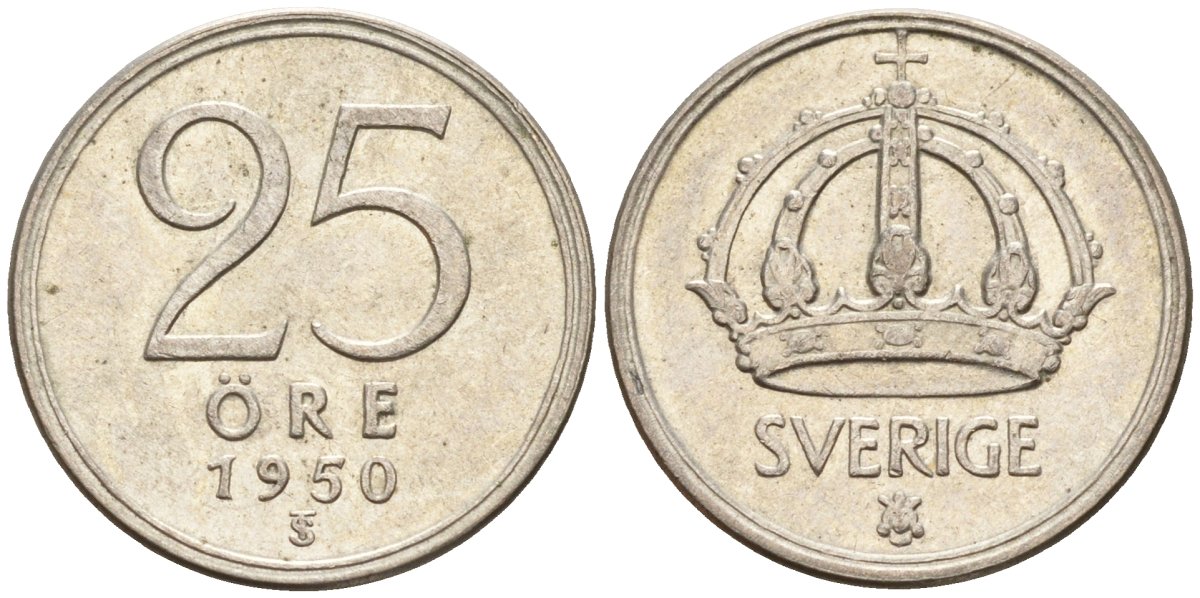 Швеция 25 эре 1950 TS, Густав V (1907-1950) KM 816 серебро 4147-1023