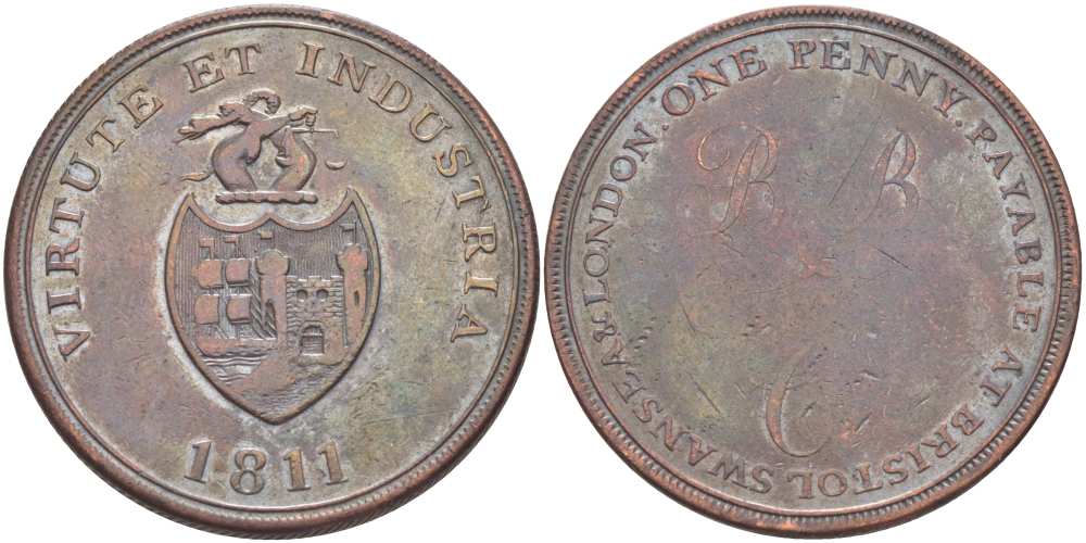 Великобритания 1 пенни 1811 Сомерсет - Бристоль, Brass & Copper Company производители - латунной катанки, слитков и конструкционных изделий Withers 430, Davis 81 медь 1518-1423