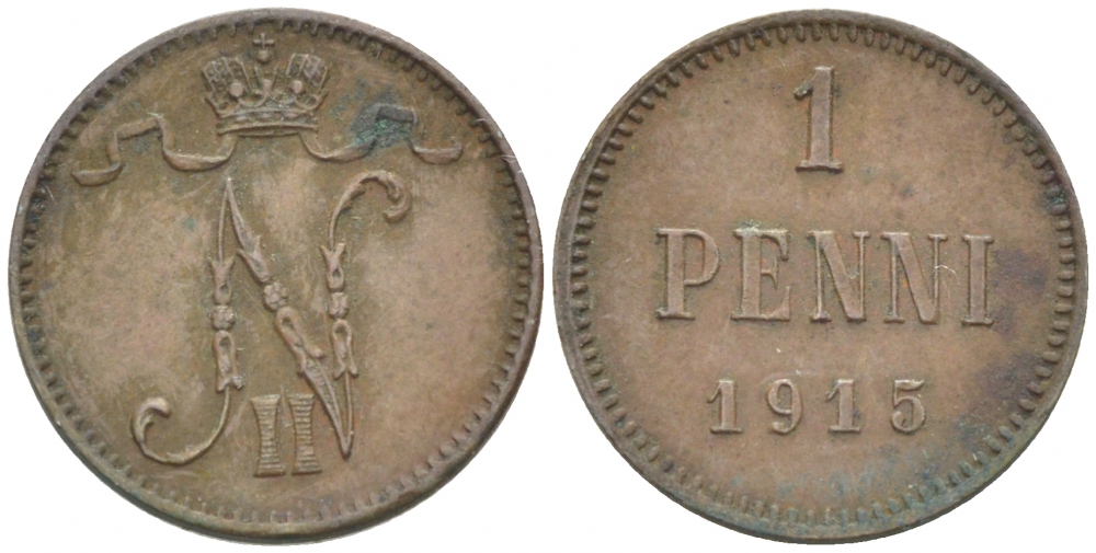 РОССИЯ ДЛЯ ФИНЛЯНДИИ 1 ПЕННИ 1915 НИКОЛАЙ II KM 13, Биткин 475 медь 261-1134