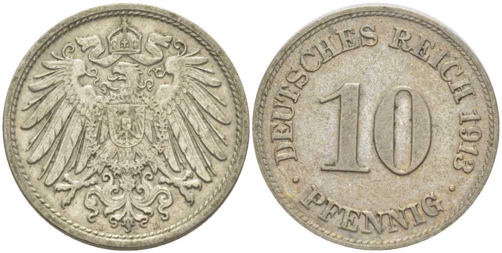ГЕРМАНИЯ 10 ПФЕННИГОВ 1913 D KM 12, J. 13, Weege 8 медно-никель 212-242