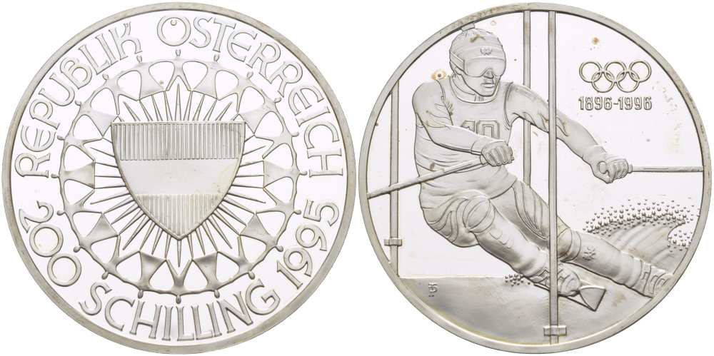 Австрия 200 шиллингов 1995 100 лет Олимпийским играм, слалом KM 3027 серебро PROOF 1085-6-32
