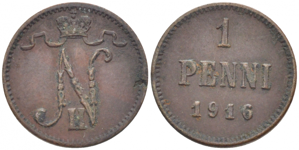 РОССИЯ ДЛЯ ФИНЛЯНДИИ 1 ПЕННИ 1916 НИКОЛАЙ II (1895-1917) KM 13, Биткин 476 медь 211-1065