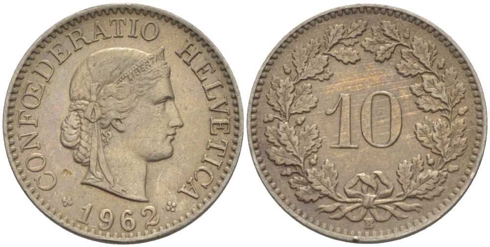 ШВЕЙЦАРИЯ 10 РАППЕНОВ 1962 В KM 27 медно-никель 99-1157