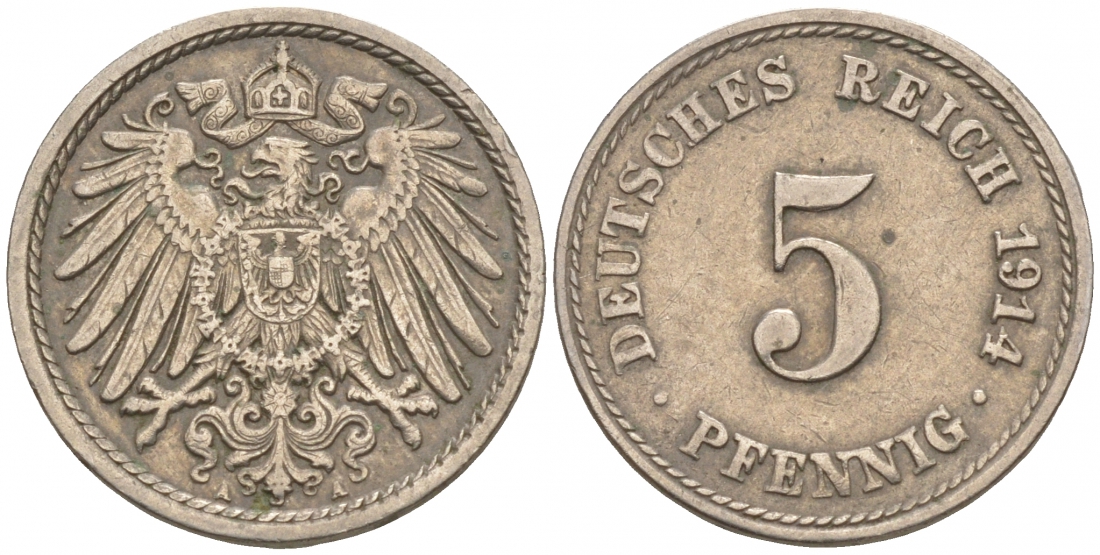 ГЕРМАНИЯ 5 ПФЕННИГОВ 1914 A, KM 11, J. 12 медно-никель 73-1513