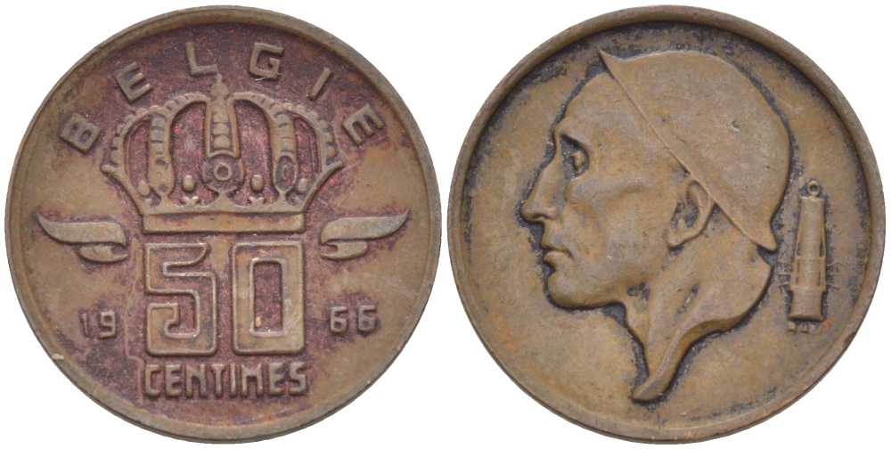 БЕЛЬГИЯ 50 САНТИМОВ 1966 BELGIE KM 149.1 бронза 4396-567