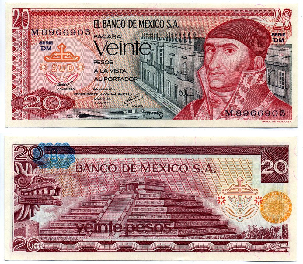 Мексика 20 песо 1977 8 июля 1977 Pick 64d(4) бумага UNC (пресс) 2196-20-2-2