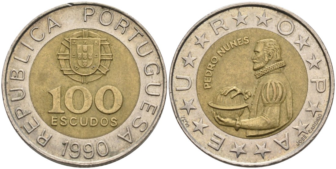 Португалия 100 эскудо 1990 Педру Нуниш (1502-1578), математик KM 645.1 биметалл 4571-952