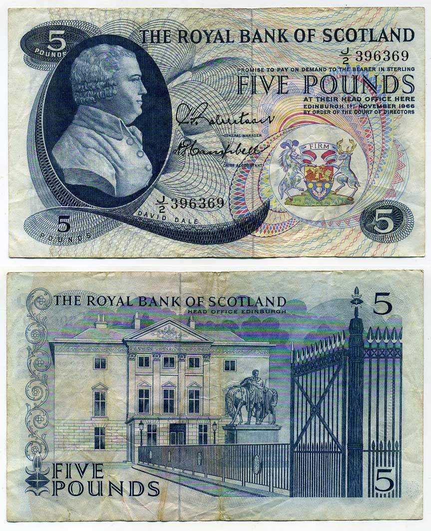 Шотландия 5 фунтов 1966 Royal Bank of Scotland, Дэвид Дэйл Pick 328  бумага   451-144-2