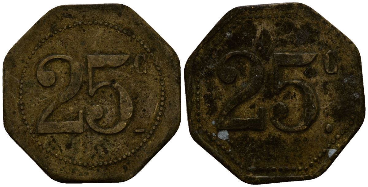 Франция 25 сантимов XIX-XX век ресторанный жетон латунь 4166-435