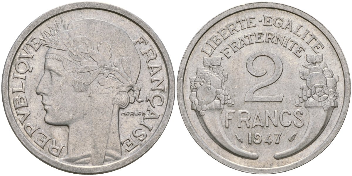 Франция 2 франка 1947 KM 886a, Le Franc 269.10 алюминий 51-4216