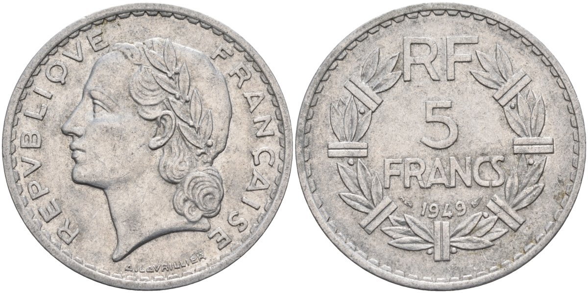 Франция 5 франков 1949 тип Лаврийе KM 888b.1, Le Franc 339.17 алюминий 4117-1146