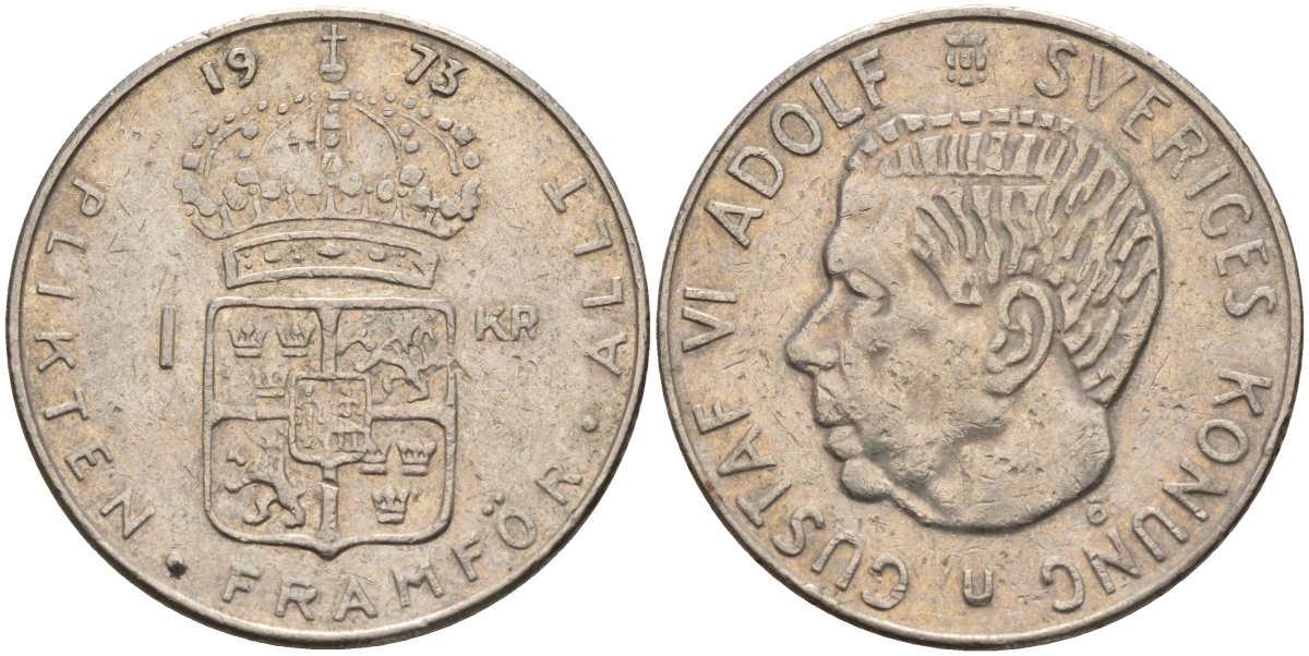 Швеция 1 крона 1973 U, Густав VI Адольф (1950-1973) KM 826a медь плакированный медно-никелем 4150-341