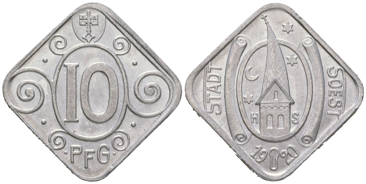 Зоест (Пруссия, Вестфалия) 10 пфеннингов 1920 Funck 504.5, Men18 29530.22 алюминий aUNC 4169-1151