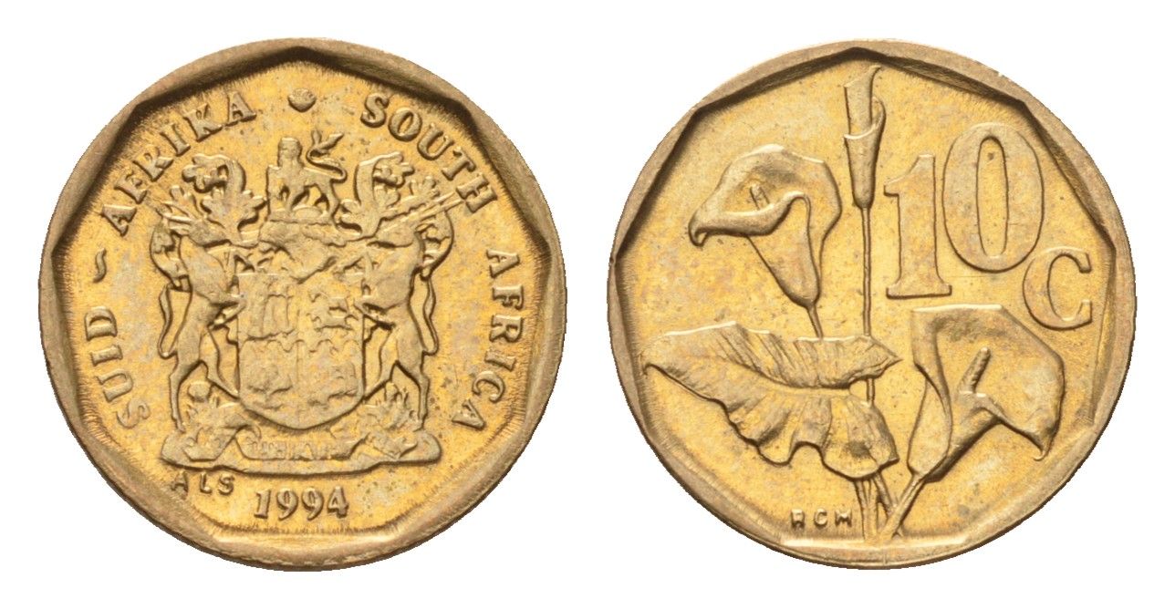 ЮАР 10 центов 1994 герб, цветок алоэ KM 135 сталь плакированная бронзой UNC 4694-668